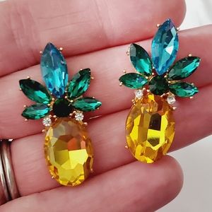 Pineapple sparkly earrings crystal stones gold fruit studs summer gift wedding